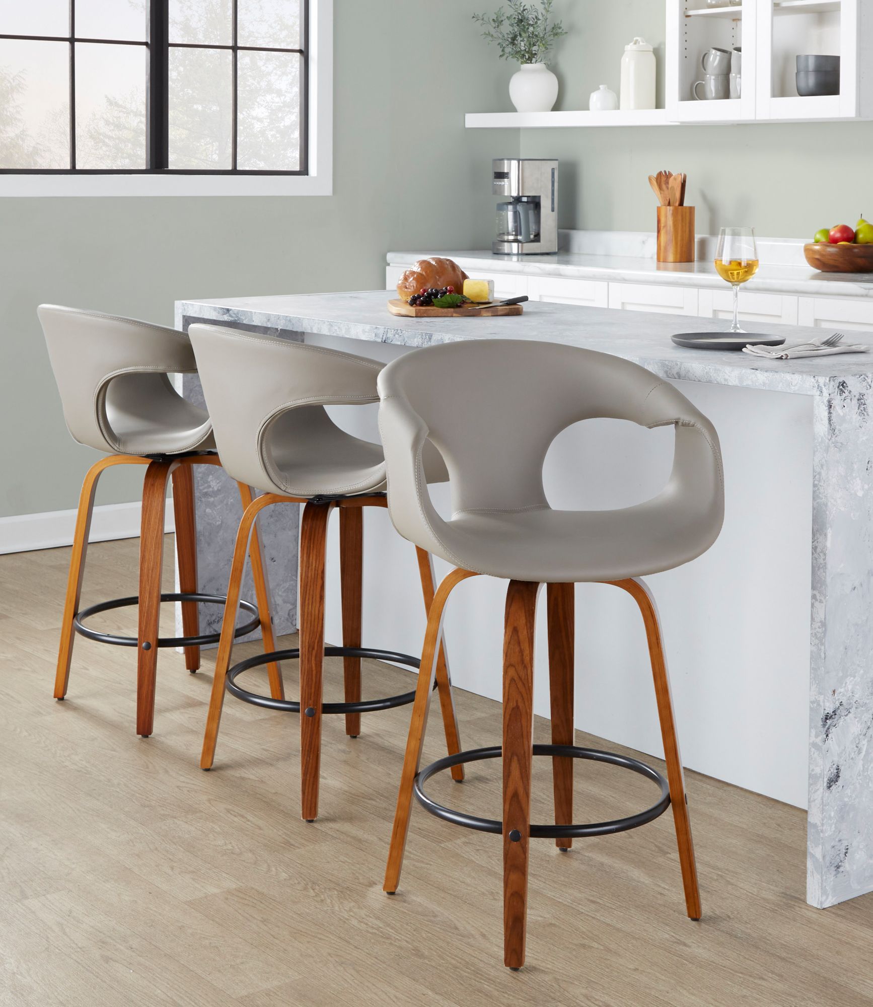 Curva Counter Stool in Walnut and Grey PU with by LumiSource Pair