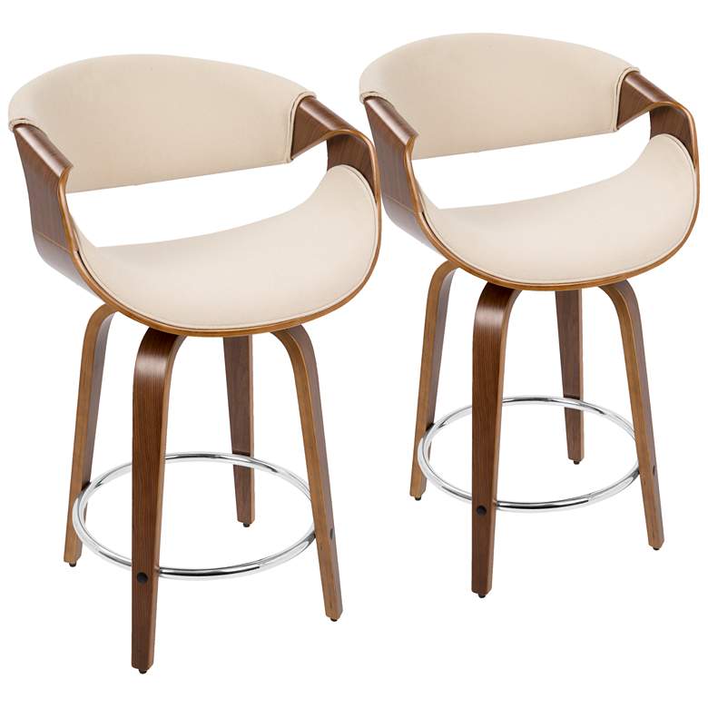 Image 1 Curvini Counter Stool in Walnut and Cream Fabric by LumiSource Pair