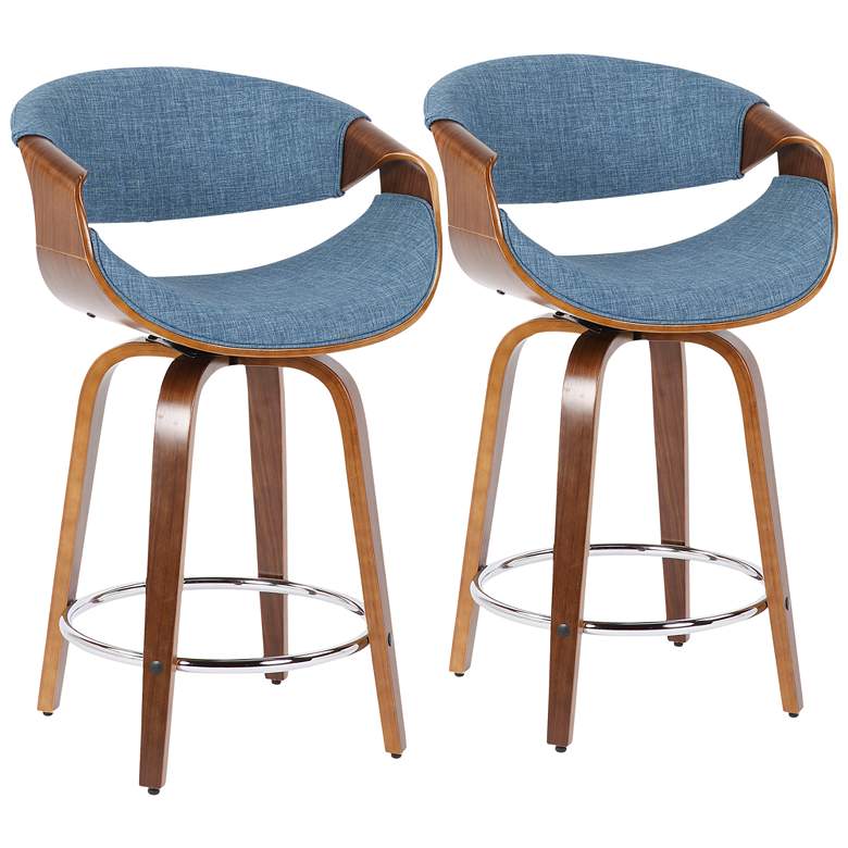Image 2 Curvini Counter Stool in Walnut Wood and Blue Fabric by LumiSource Pair