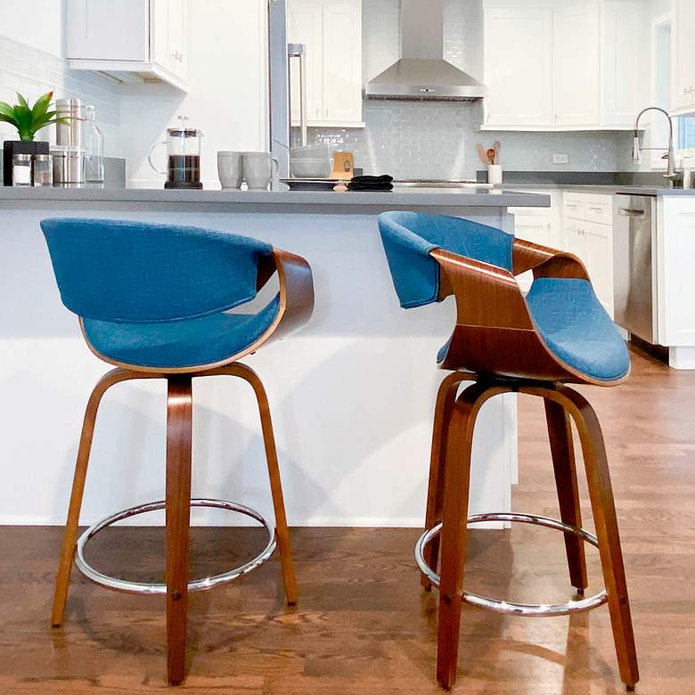 Image 1 Curvini Counter Stool in Walnut Wood and Blue Fabric by LumiSource Pair