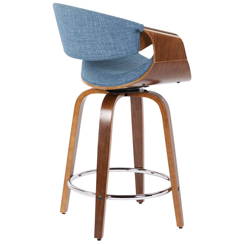 Image 4 Curvini Counter Stool in Walnut Wood and Blue Fabric by LumiSource Pair more views