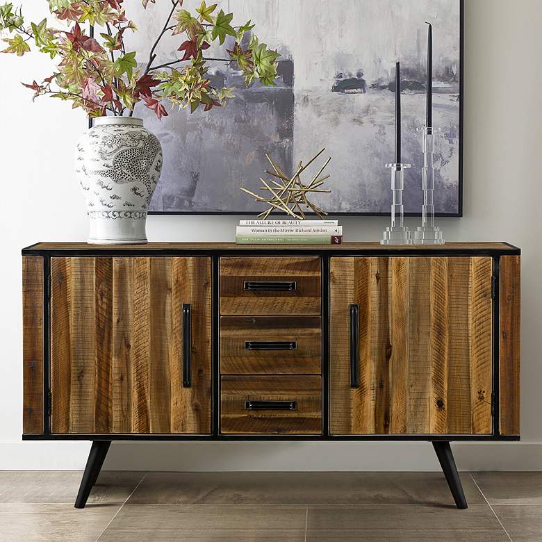 Image 1 Cusco 57" Wide Rustic Antique Acacia Wood and Metal 3-Drawer Buffet