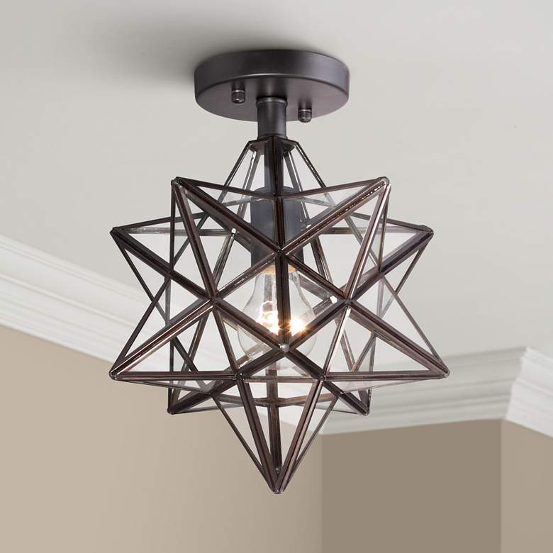Cuthbert 11&quot; Wide Black Iron and Glass Geometric Star Ceiling Light