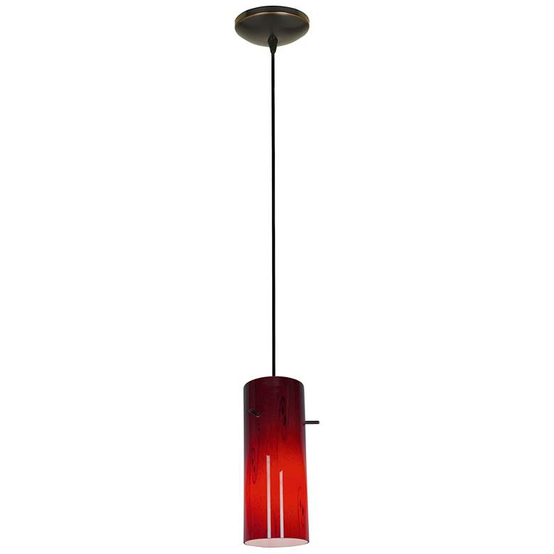 Image 1 Cylinder 1-Light Pendant - Cord - Oil Rubbed Bronze Finish, Red Glass Shade