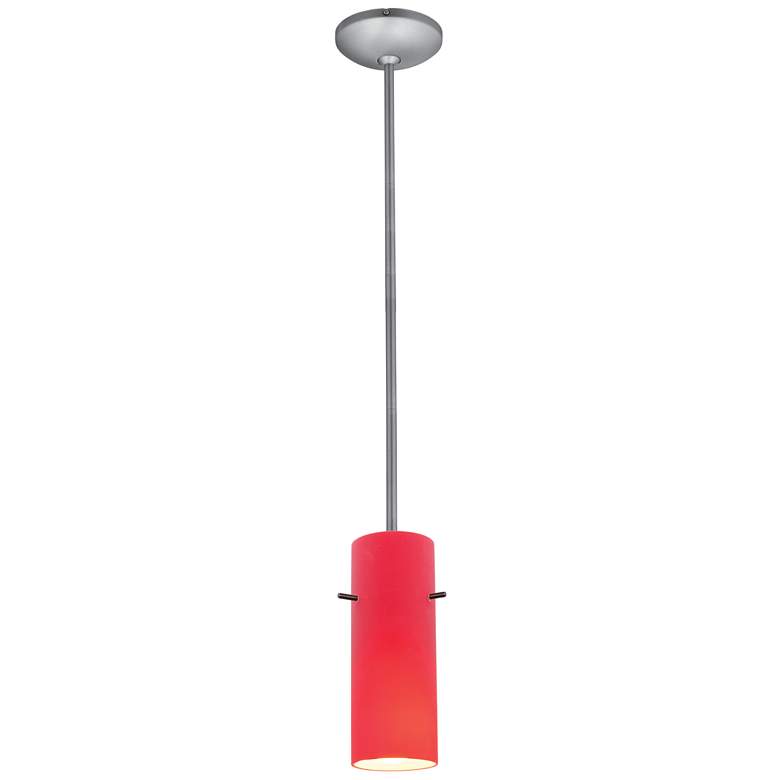 Image 1 Cylinder 1-Light Pendant - Rods - Brushed Steel Finish, Red Glass Shade