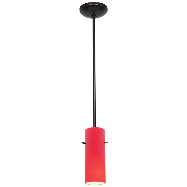 Image 1 Cylinder 1-Light Pendant - Rods - Oil Rubbed Bronze Finish, Red Glass Shade