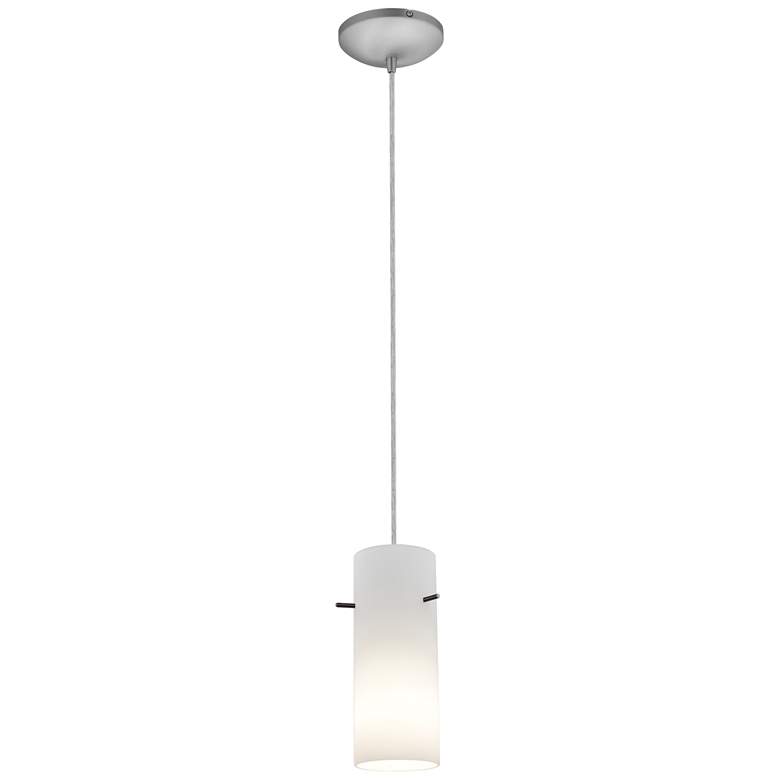 Image 1 Cylinder 4" Wide Brushed Steel Cord Hung Pendant w/ Opal Glass Shade