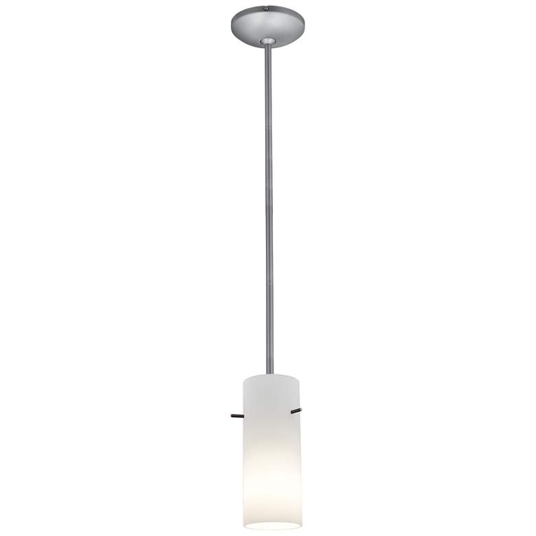 Image 1 Cylinder 4" Wide Brushed Steel Stem Hung Pendant w/ Opal Glass Shade