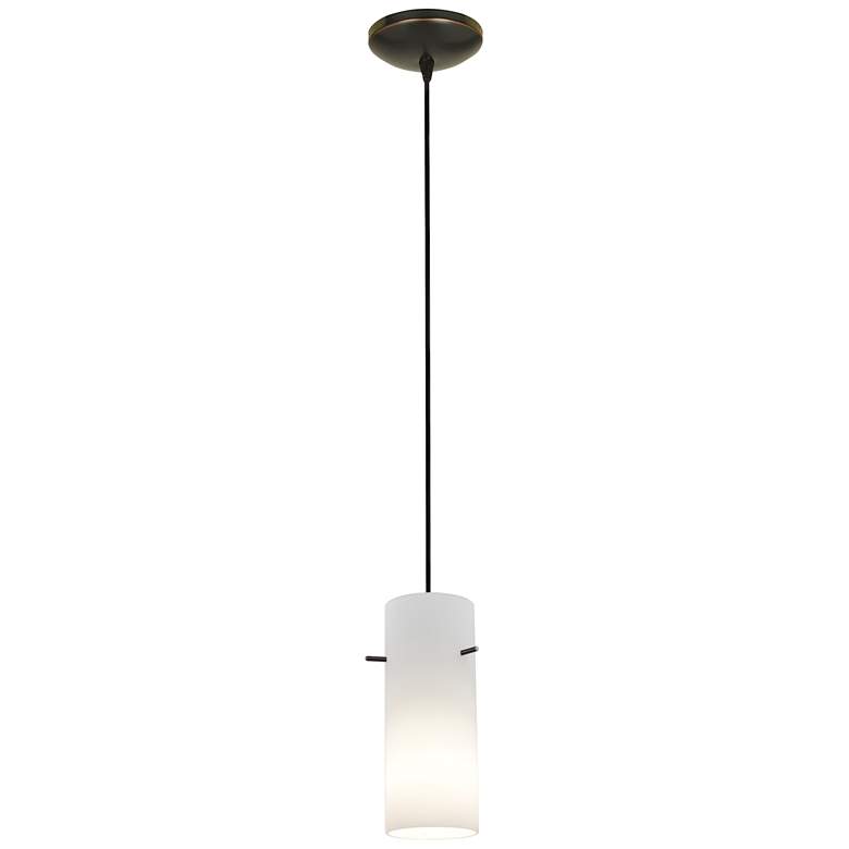 Image 1 Cylinder 4" Wide Oil Rubbed Bronze Cord Hung Pendant w/ Opal Glass Sha