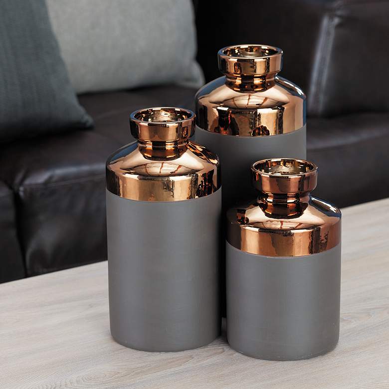 Image 1 Cylinder Copper and Matte Gray Decorative Vases Set of 3