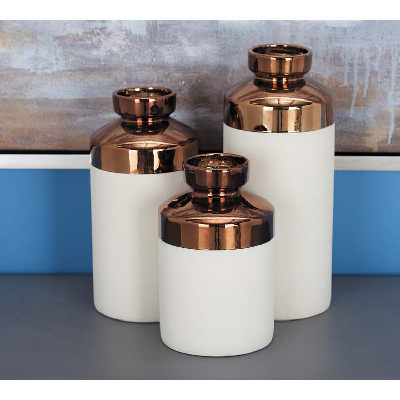 Image 1 Cylinder Copper and Matte White Decorative Vases Set of 3