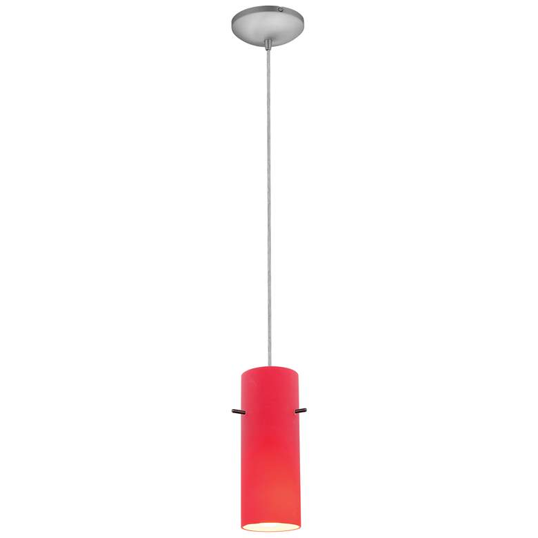 Image 1 Cylinder - E26 LED Cord Pendant - Brushed Steel Finish, Red Glass Shade