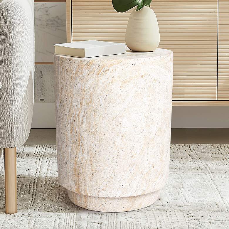 Image 1 Cylinder Travertine Stone Finish Italian Design MgO Side Accent Table