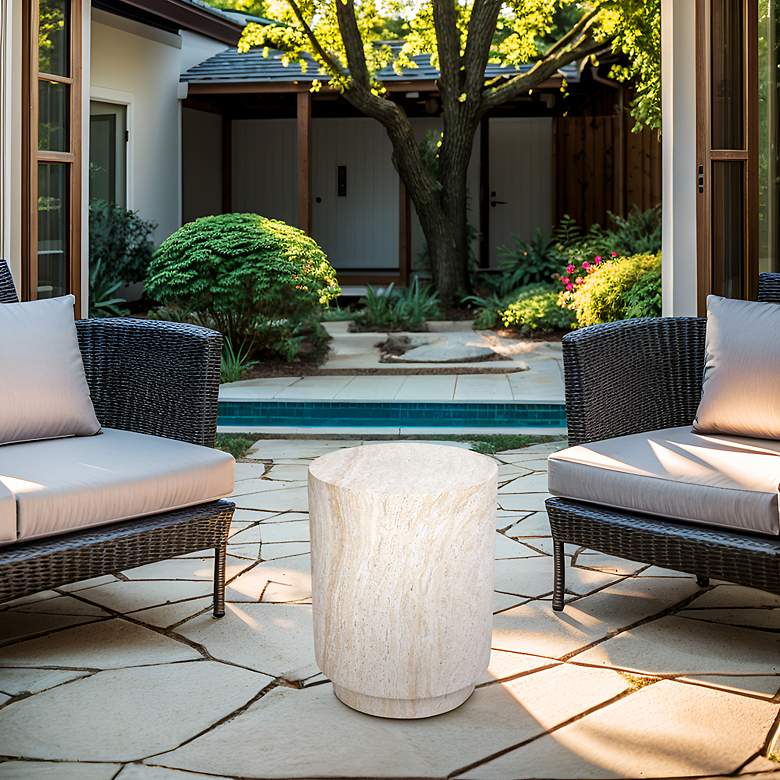 Image 6 Cylinder Travertine Stone Finish Italian Design MgO Side Accent Table more views
