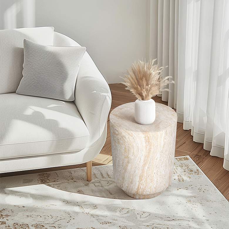 Image 7 Cylinder Travertine Stone Finish Italian Design MgO Side Accent Table more views