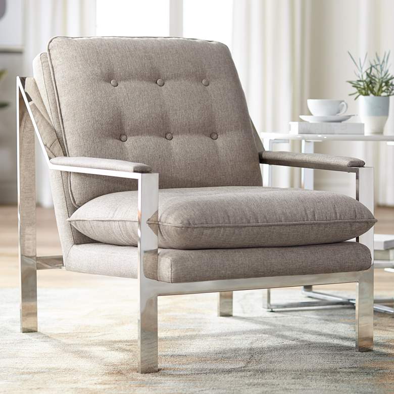 Image 1 Cypress Tufted Gray-Beige Fabric and Chrome Lounge Chair