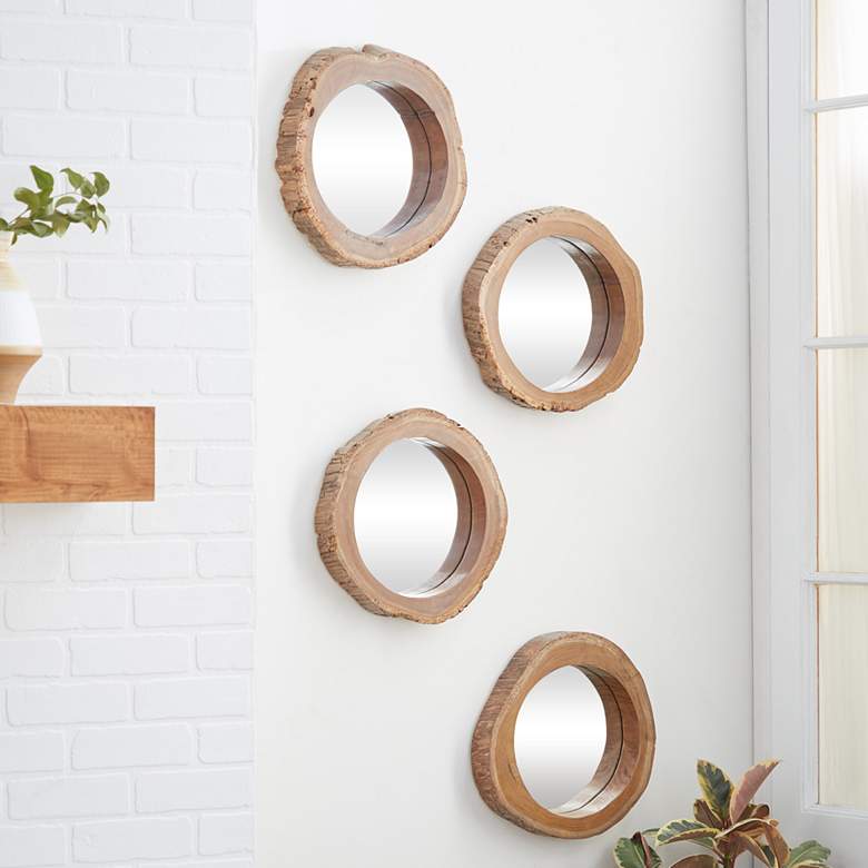 Image 1 Cyrus Matte Brown Teak Wood 13 inch Round Wall Mirrors Set of 4