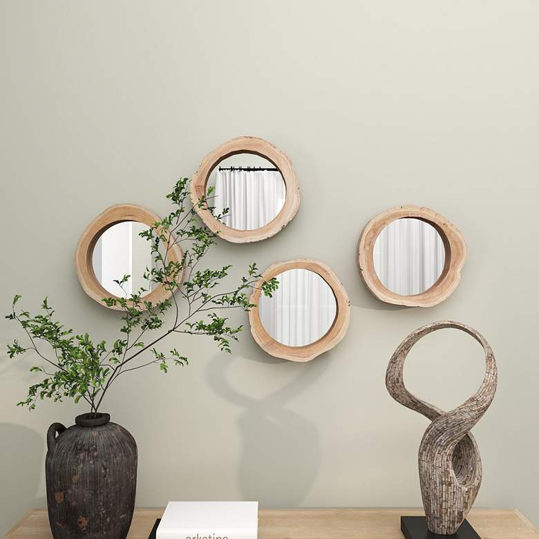 Image 7 Cyrus Matte Brown Teak Wood 13 inch Round Wall Mirrors Set of 4 more views