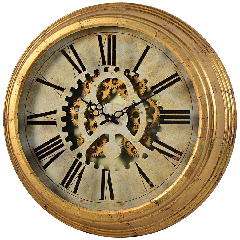 Image 1 Dabney Antique Gold Moving Gear 22 &#190;&#8221; Round Clock