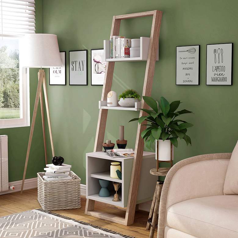 Image 1 Daemore 20 3/4"W Natural and White 5-Shelf Ladder Bookcase