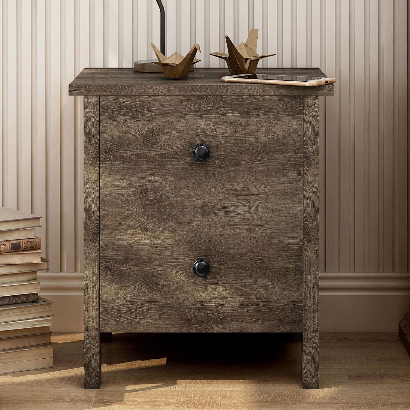 Daena 19 Wide Distressed Walnut Wood 2 Drawer Nightstand