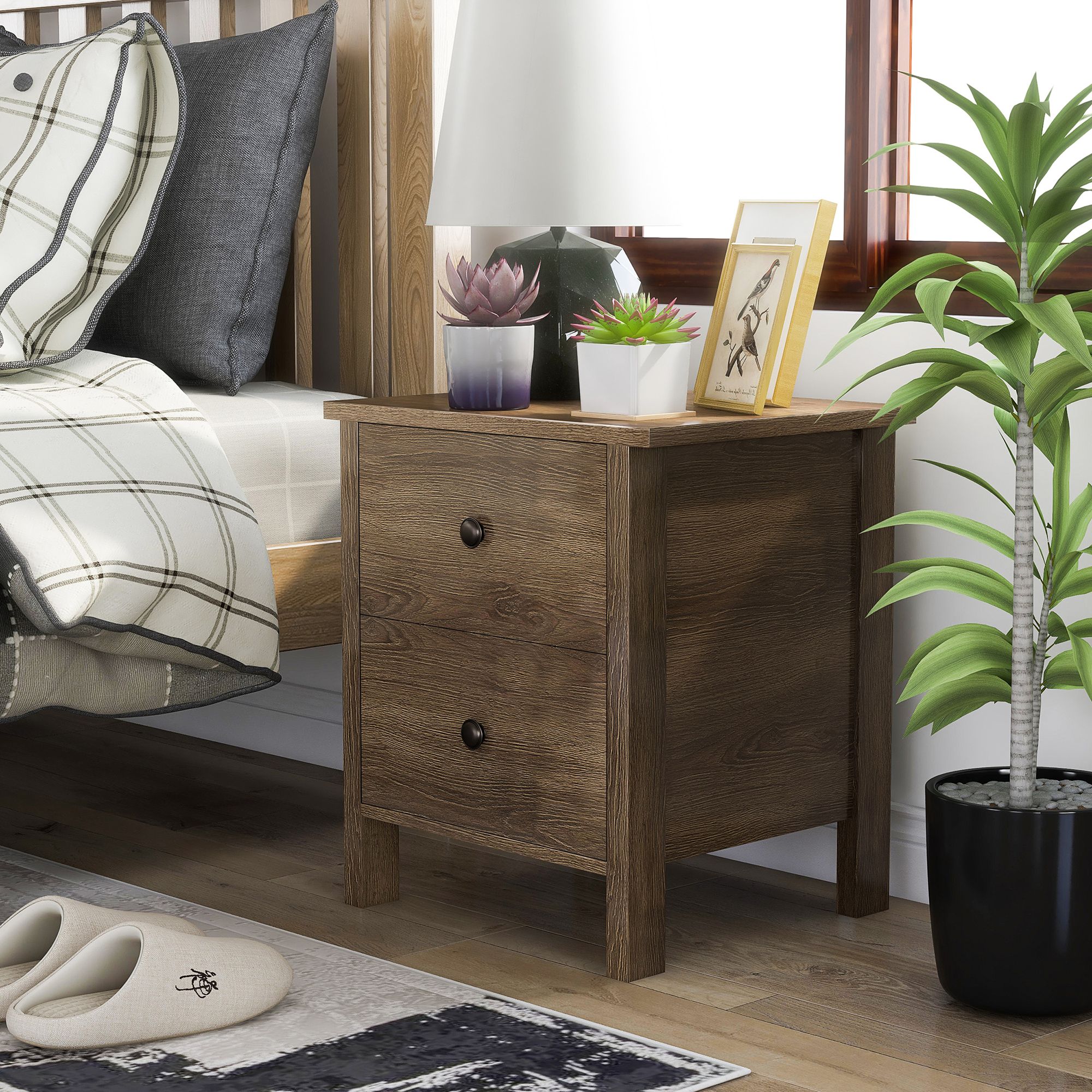 Daena 19" Wide Distressed Walnut Wood 2-Drawer Nightstand