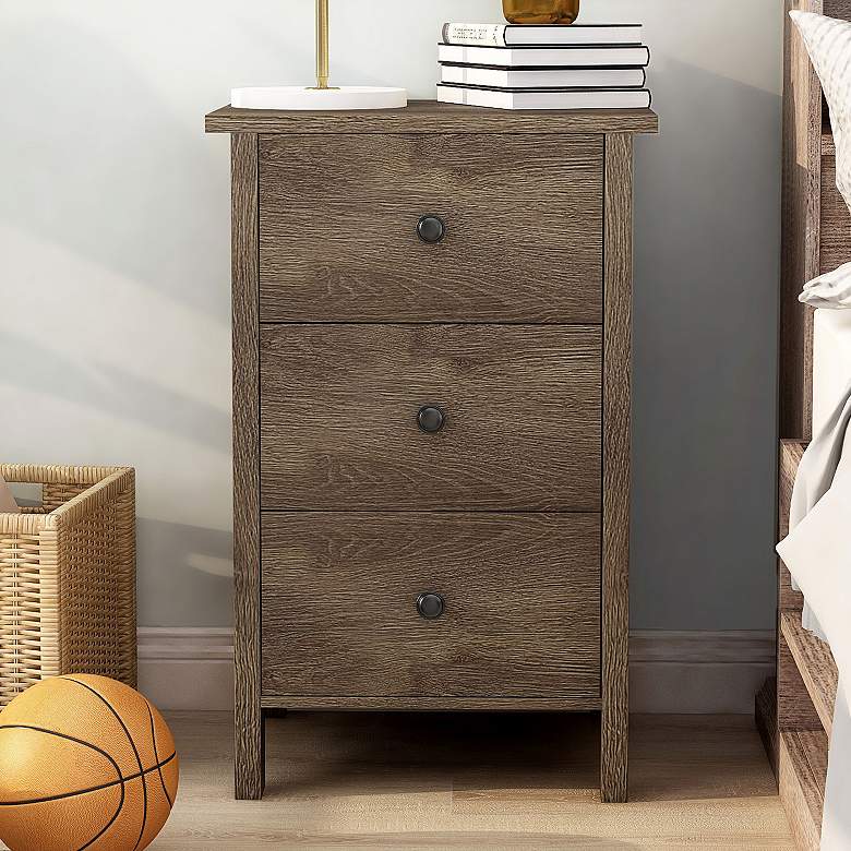 Image 1 Daena 19" Wide Distressed Walnut Wood 3-Drawer Nightstand