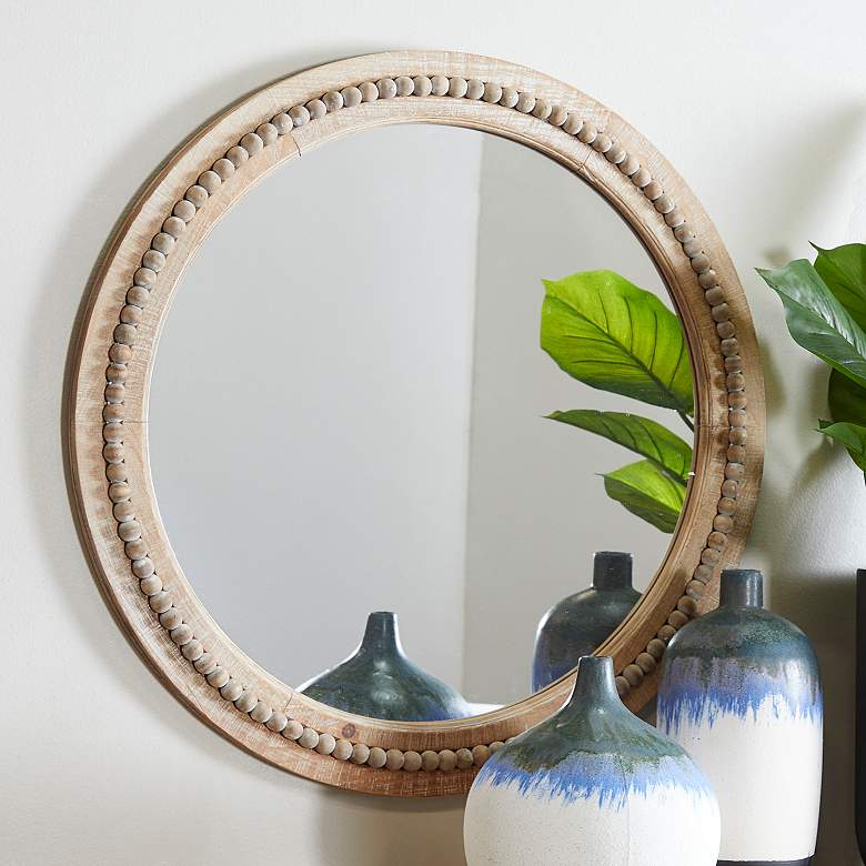Image 1 Daga Matte Brown Wood with Beaded 28 inch Round Wall Mirror