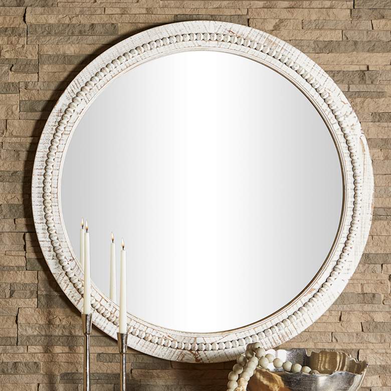 Image 1 Daga White-Washed Wood with Beaded 36 inch Round Wall Mirror