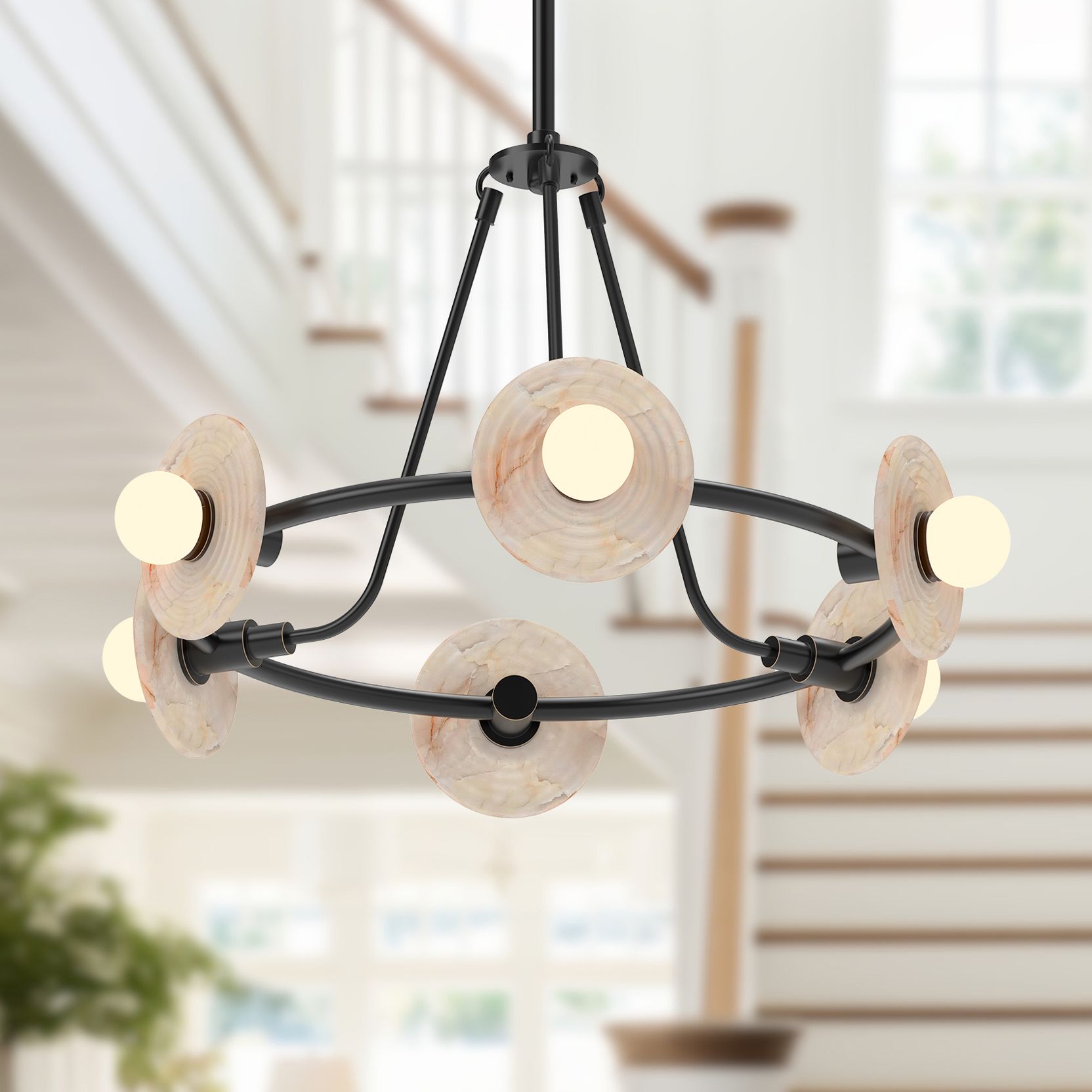 Dahlia 28-in Urban Bronze LED Chandelier w/ Alabaster Plates and Opal Glass