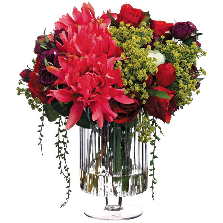 Image 1 Dahlia and Red Rose 16 inch Wide Faux Flowers in Glass Vase