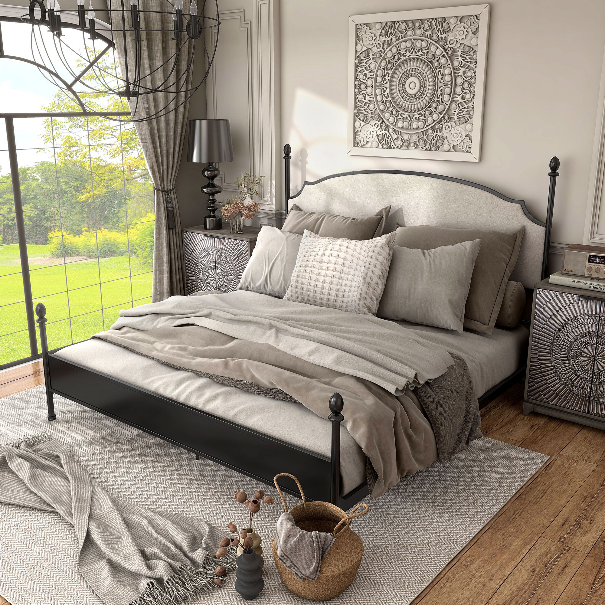 Dahlia Black Metal White Fabric King Four Poster Panel Bed