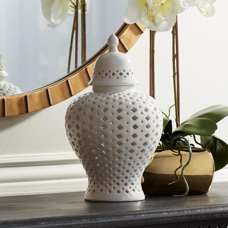 Image 1 Dahlia Studios Auten 10 1/2" Glossy White Stoneware Urn Jar with Lid