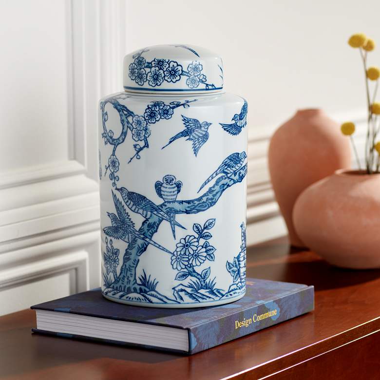 Image 2 Dahlia Studios Heather 12" High Decorative Blue and White Ceramic Jar