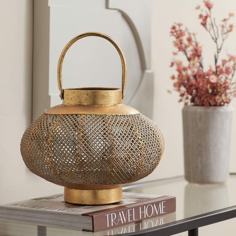 Image 1 Dahlia Studios Kaveri 10 1/2" Wide Gold Metal Lantern Candle Holder