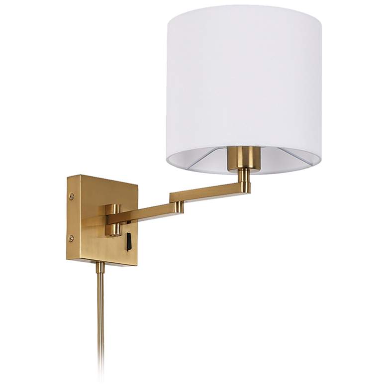 Image 1 Dainolite 12" High Aged Brass Swing Arm Wall Sconce With White Drum Sh