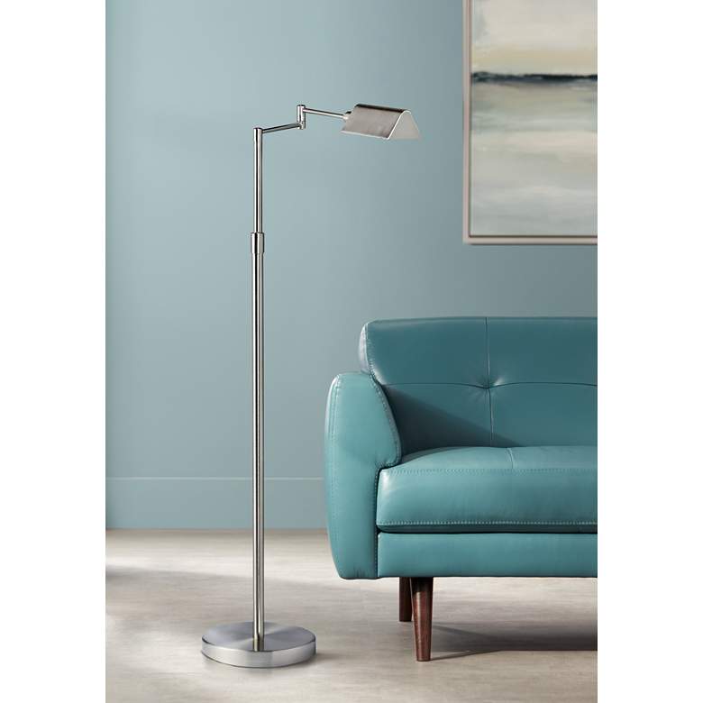 Image 1 Dainolite Gala Adjustable Height Satin Nickel LED Swing Arm Floor Lamp