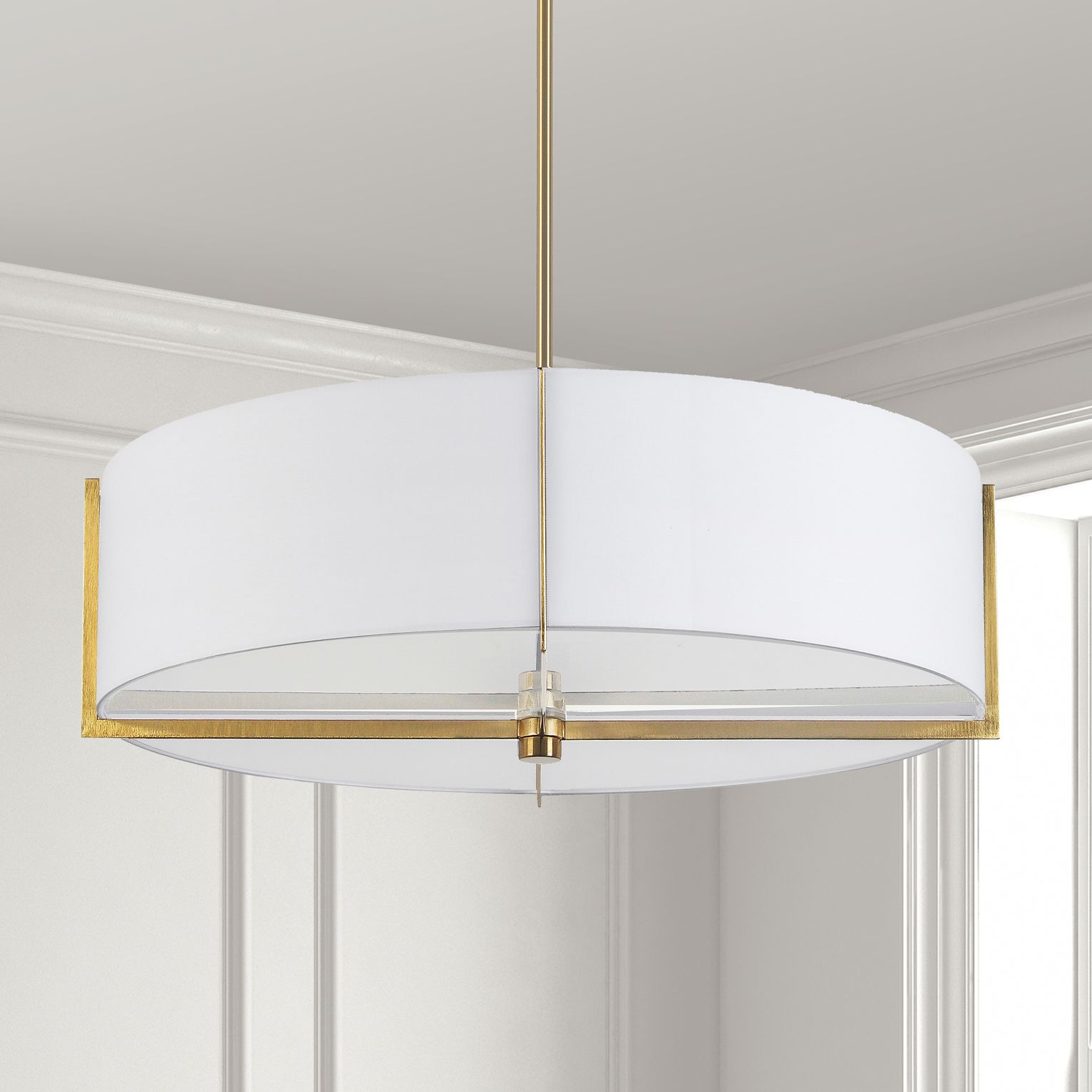 Dainolite Preston 26" Wide Aged Brass White Fabric Drum Pendant Light