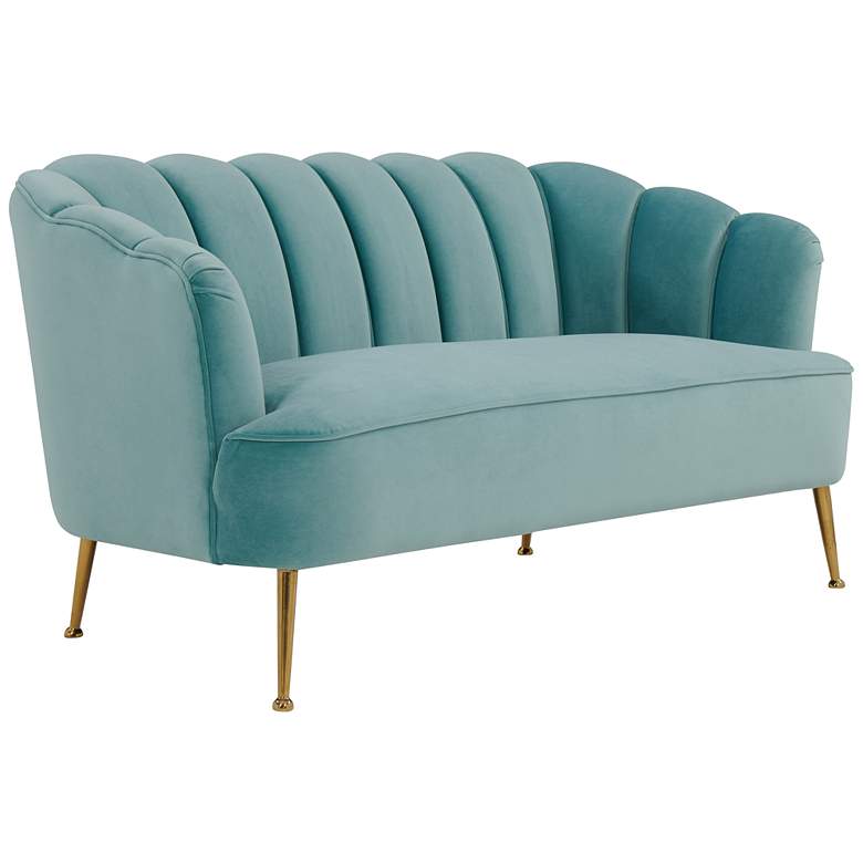 Image 1 Daisy 61 3/4 inch Wide Sea Blue Velvet Channel Tufted Settee