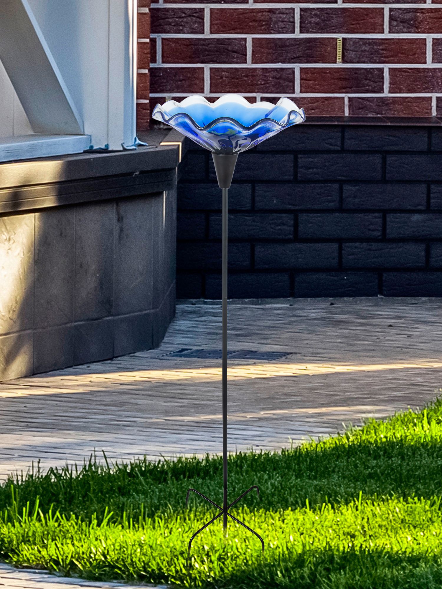 Image 3 Dale Tiffany 52" Tall Fiore Bloom Blue Hand Blown Glass Bird Bath / Feeder more views