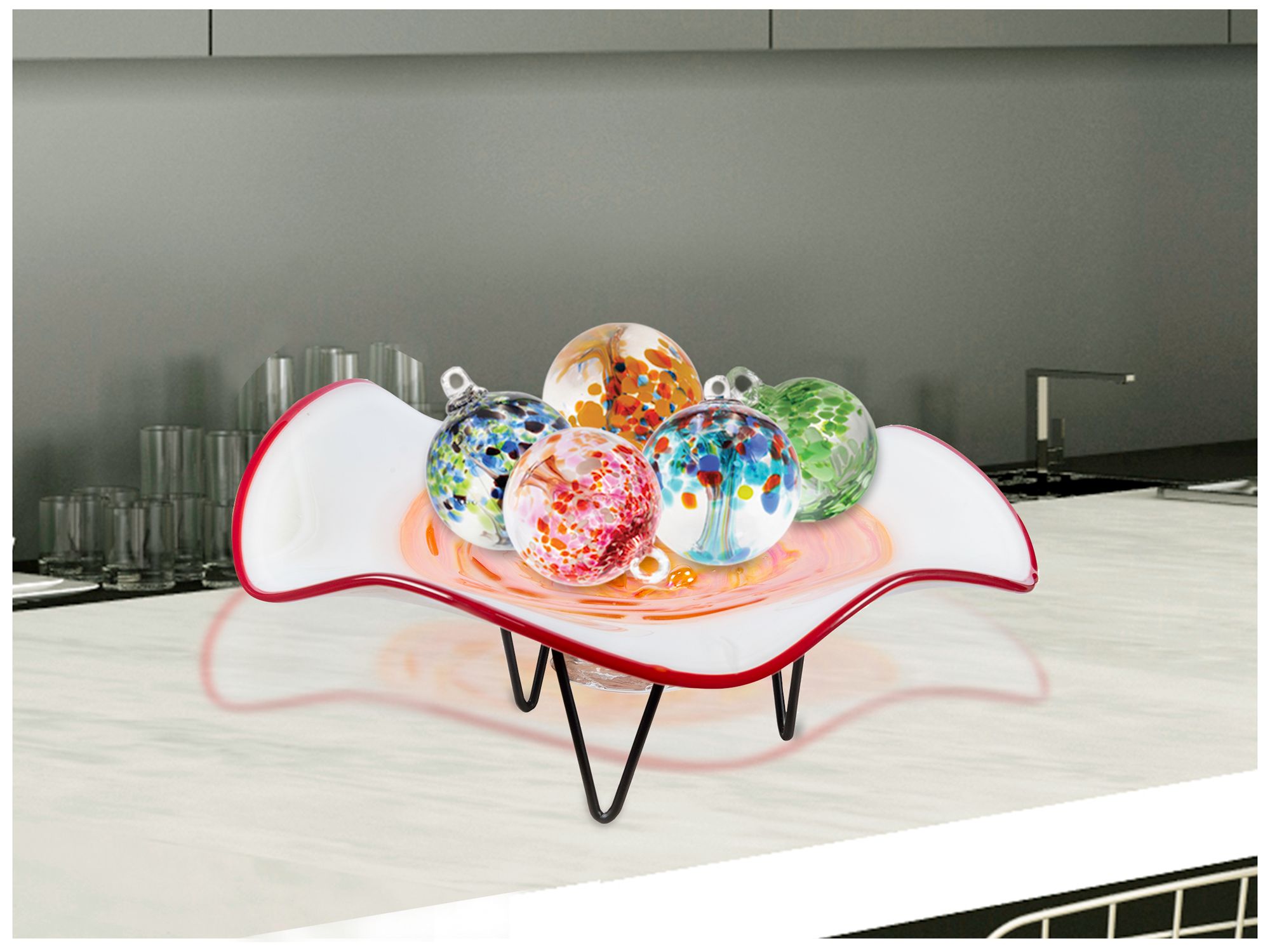 Image 3 Dale Tiffany 6" Tall Cavalier White Orange Hand Blown Glass Bowl With Stand more views