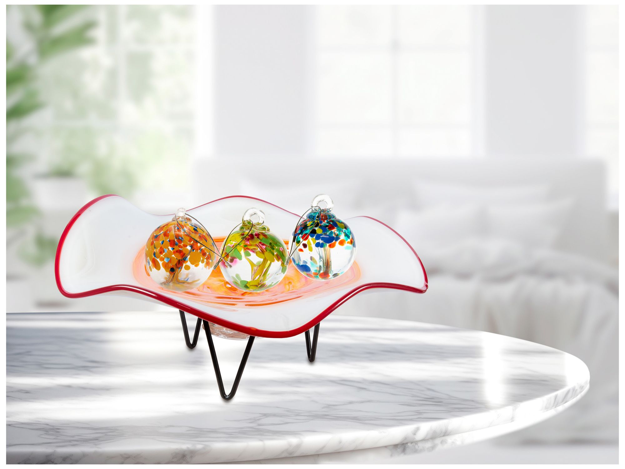 Image 5 Dale Tiffany 6" Tall Cavalier White Orange Hand Blown Glass Bowl With Stand more views