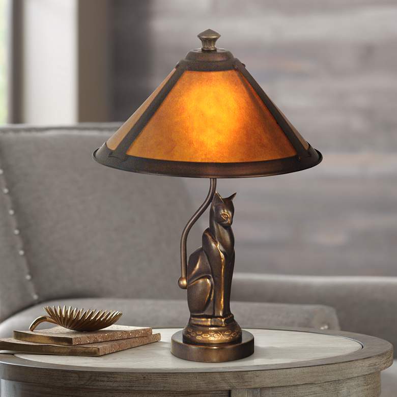 Image 1 Dale Tiffany Bronze Cat 17" High Accent Lamp with Ginger Mica Shade