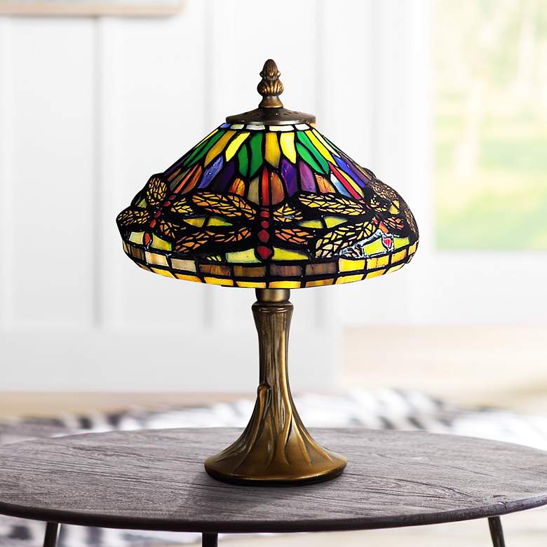 Image 1 Dale Tiffany Dragonfly 11 inch High Brass Tiffany-Style Accent Lamp