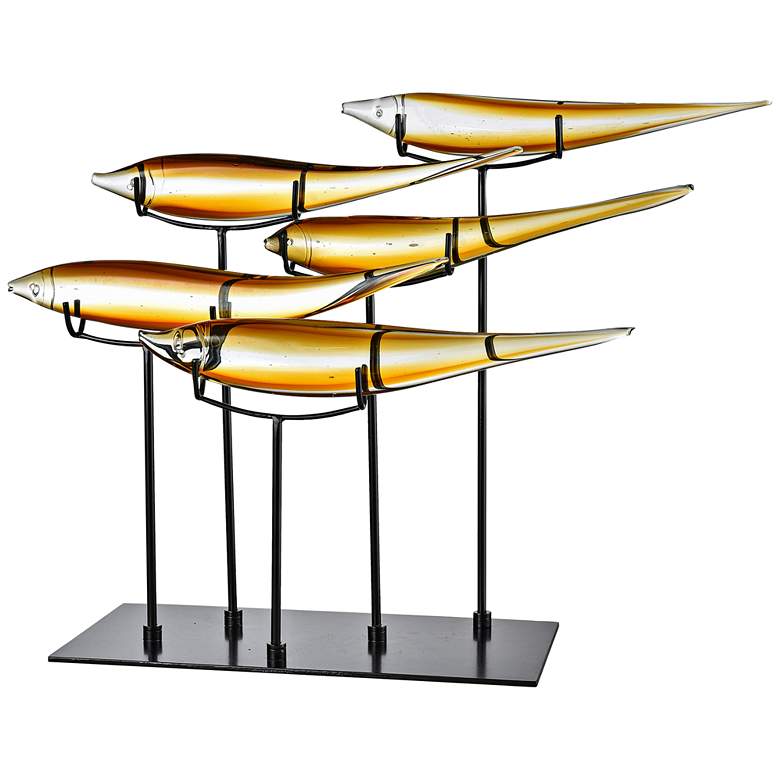 Image 1 Dale Tiffany Five Amber Fish 25" Wide Art Glass Statue