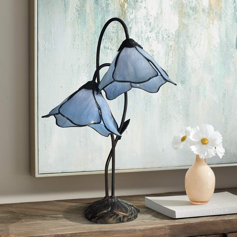 Dale Tiffany Poelking Blue Lily Glass 2-Light Desk Lamp