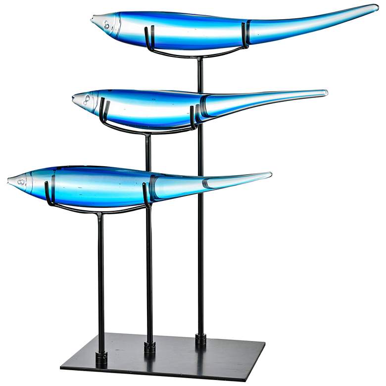 Image 1 Dale Tiffany Three Blue Fish 20" Wide Art Glass Statue
