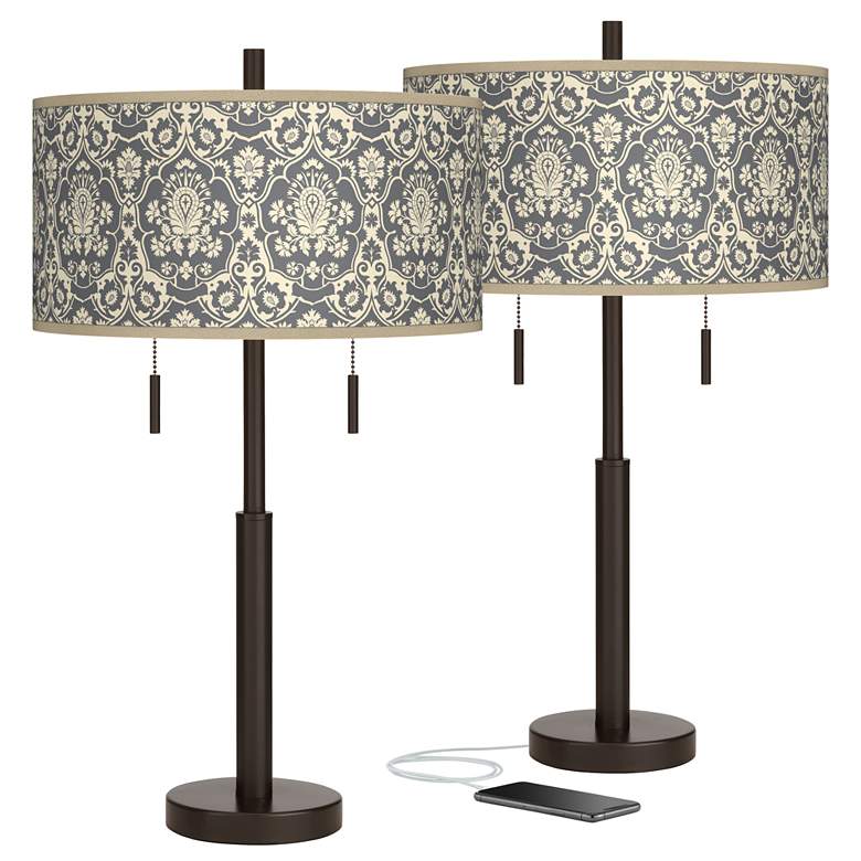 Damask Robbie Bronze USB Table Lamps Set of 2
