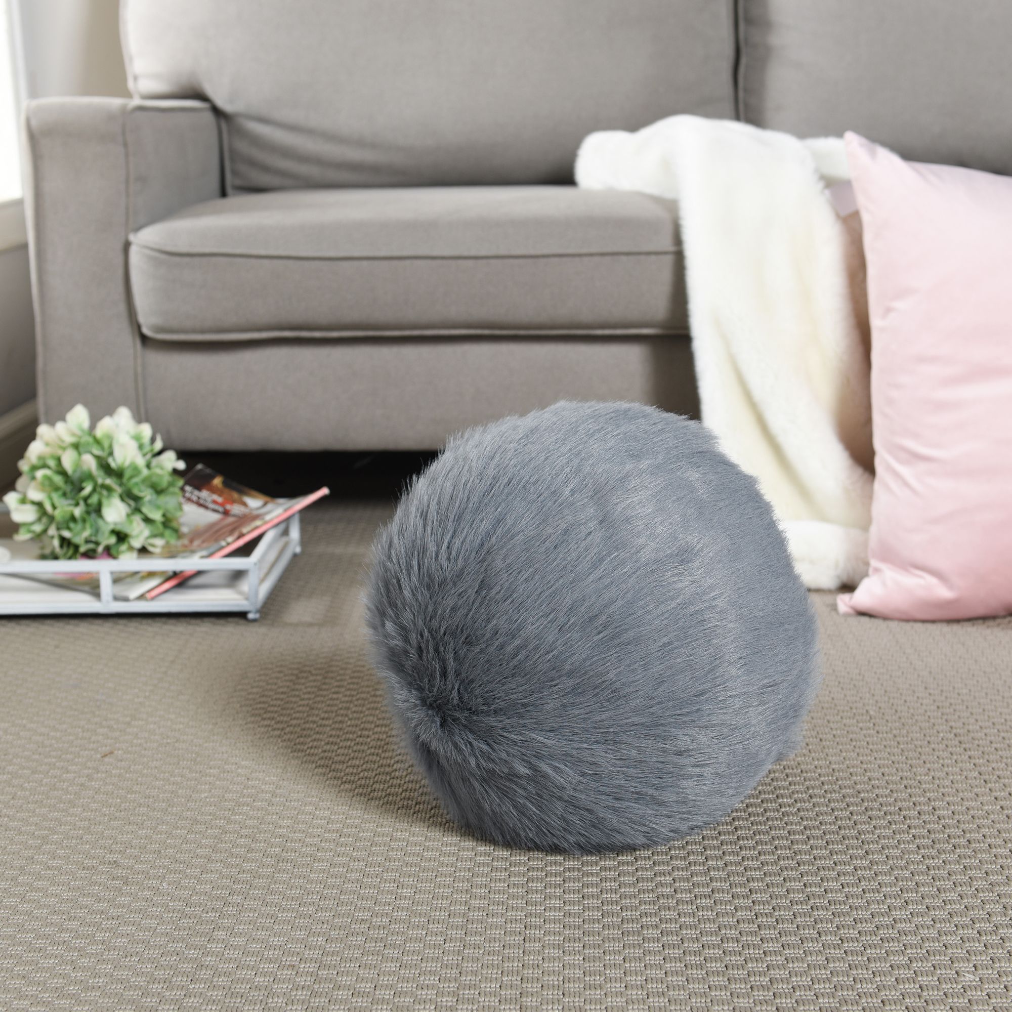 Image 3 Dan Foley Circle Throw Pillow Grey Faux Fox Hair & Feather Filling 12&q more views