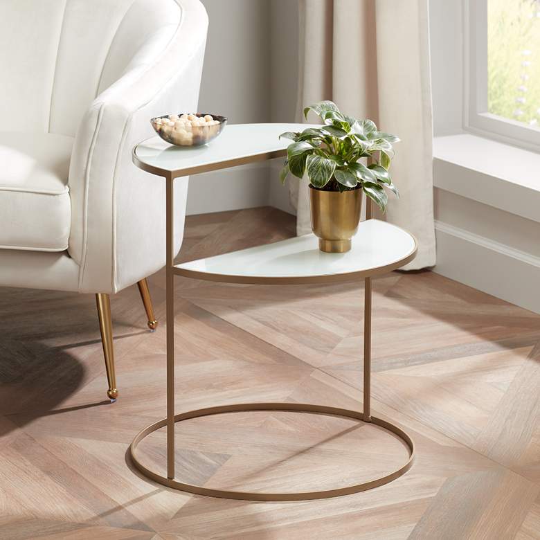 Image 1 Danica 22 1/4 inch Wide Gold Metal and White Glass Two-Tier Side Table